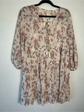 Bebop Floral Dress XL Womens White Pink Chiffon Tiered Long Sleeve Boho Babydoll